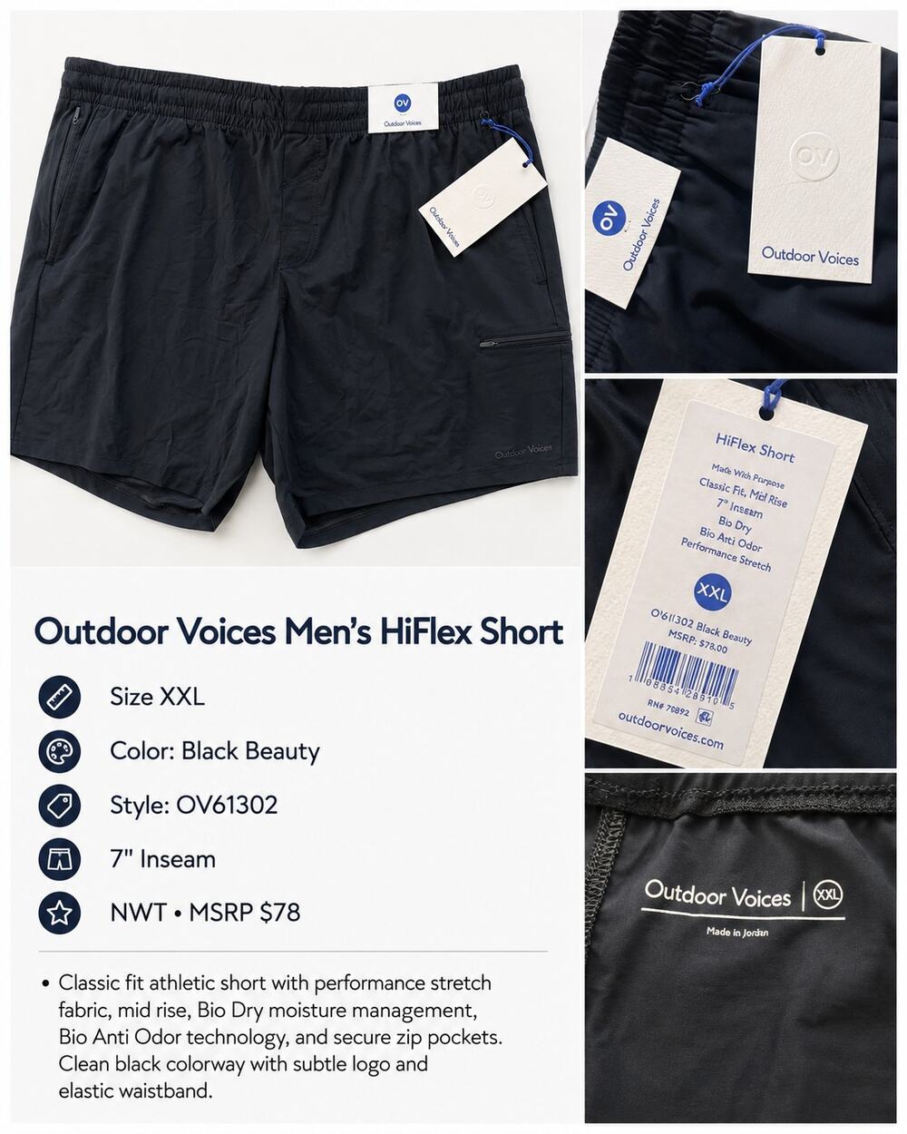 Outdoor Voices HiFlex Shorts Men’s XXL Black 7” NWT $78 High Stream Country